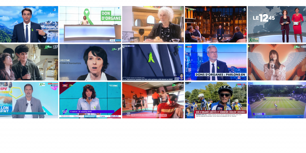 Montage photo regroupant une capture d'écran des différentes chaînes de la télé française ayant affiché le ruban lors du 22 juin 2022